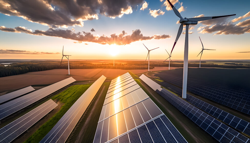 Modern Wind turbines and solar panels sunset light. Concept eco green renewable energy